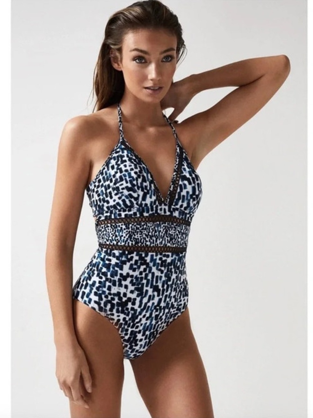 REISS Swimsuit Size 10 NEW Gia Halter Neck Lattice Trim Lasercut $170 Blue Print